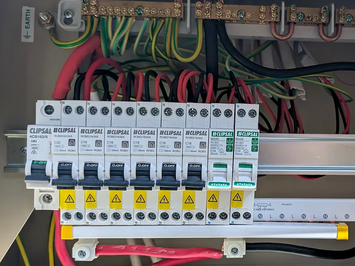 Open switchboard with labelled circuits