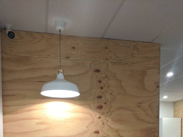 White pendant light over a plywood feature wall, with a dome security camera and ceiling downlights, in a Frankston office